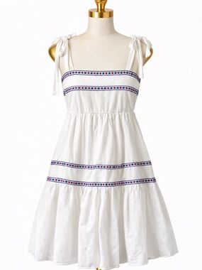 Hudson Gray White Embroidered Tie Shoulder Mini Dress Cottagecore Smocked Back